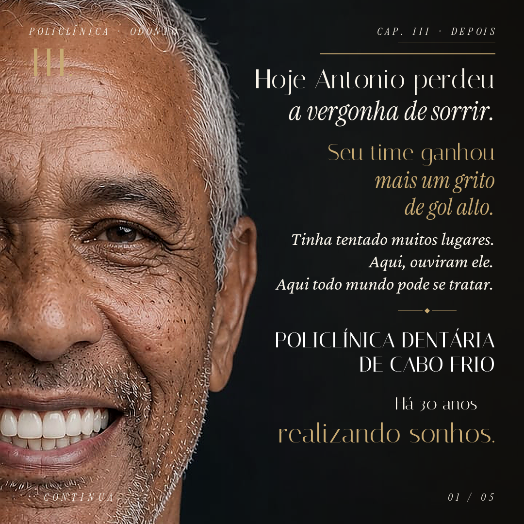 Antonio, paciente da Policlínica, sorrindo após o tratamento