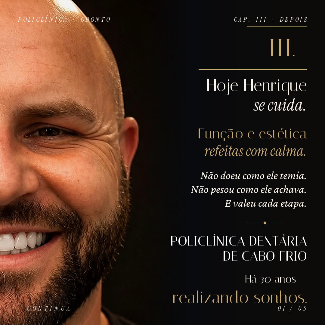 Henrique, paciente da Policlínica, sorrindo após o tratamento