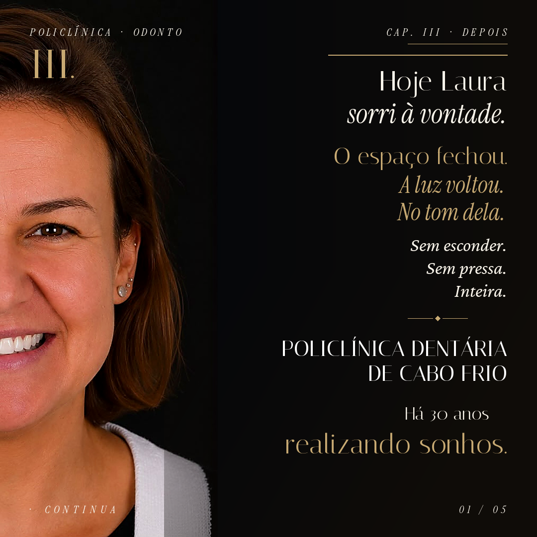 Laura, paciente da Policlínica, sorrindo após o tratamento