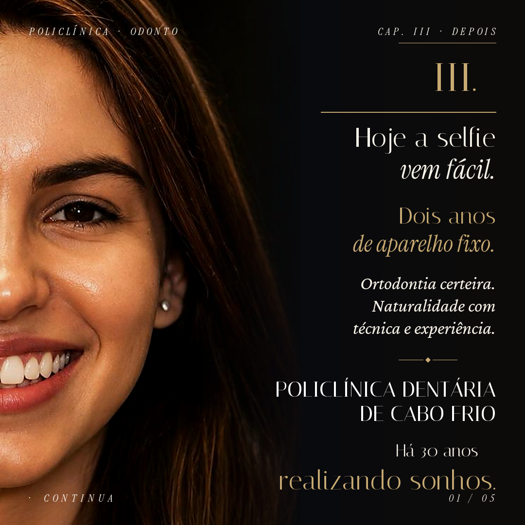 Maria Eduarda, paciente da Policlínica, sorrindo após o tratamento